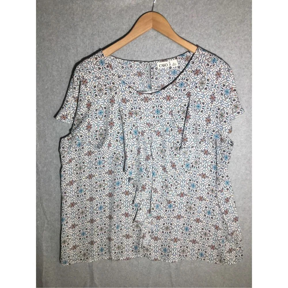 Womens Cato Blouse Ruffle Front Ditsy Floral Print Blue Multicolored Work Office